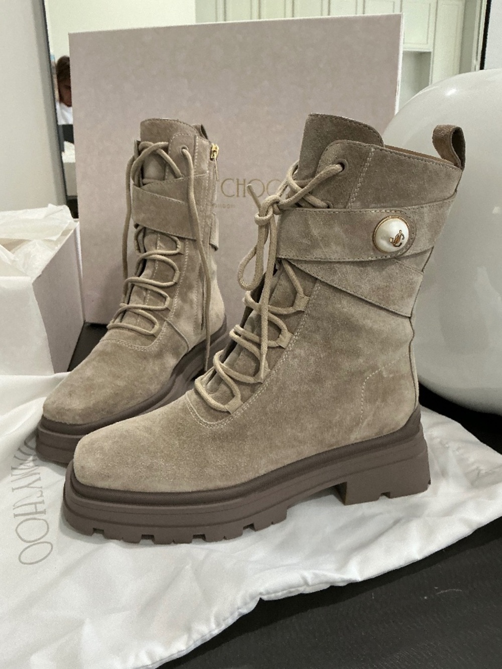 Jimmy Choo Noemi Taupe Suede Combat Lace-Up Zipper Boots Women EU 36
